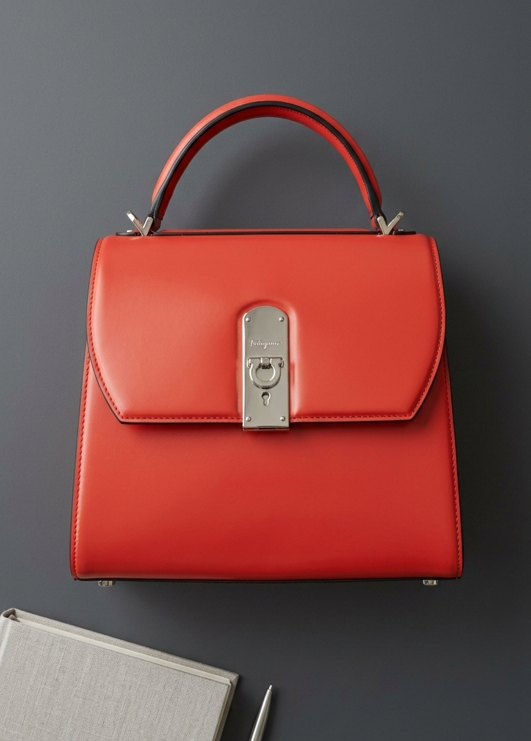 Women’s Red Structured Handbag with Top Handle & Lock Closure