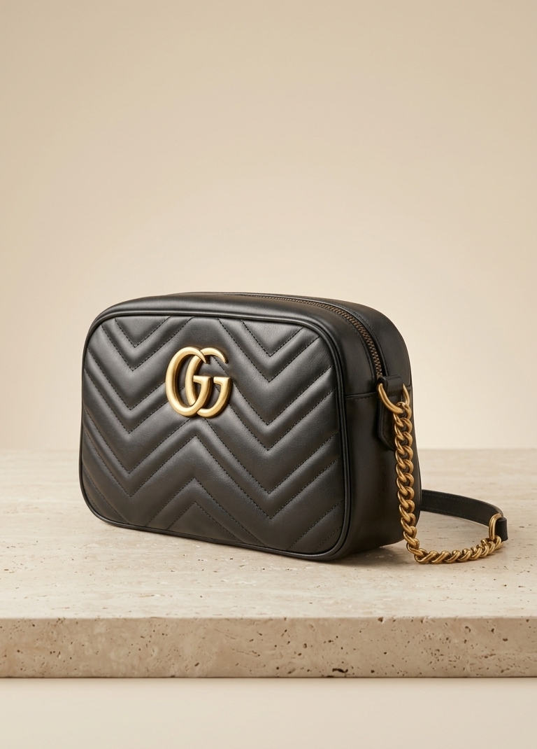 Women’s Black Quilted Sling Bag with Gold Chain Strap