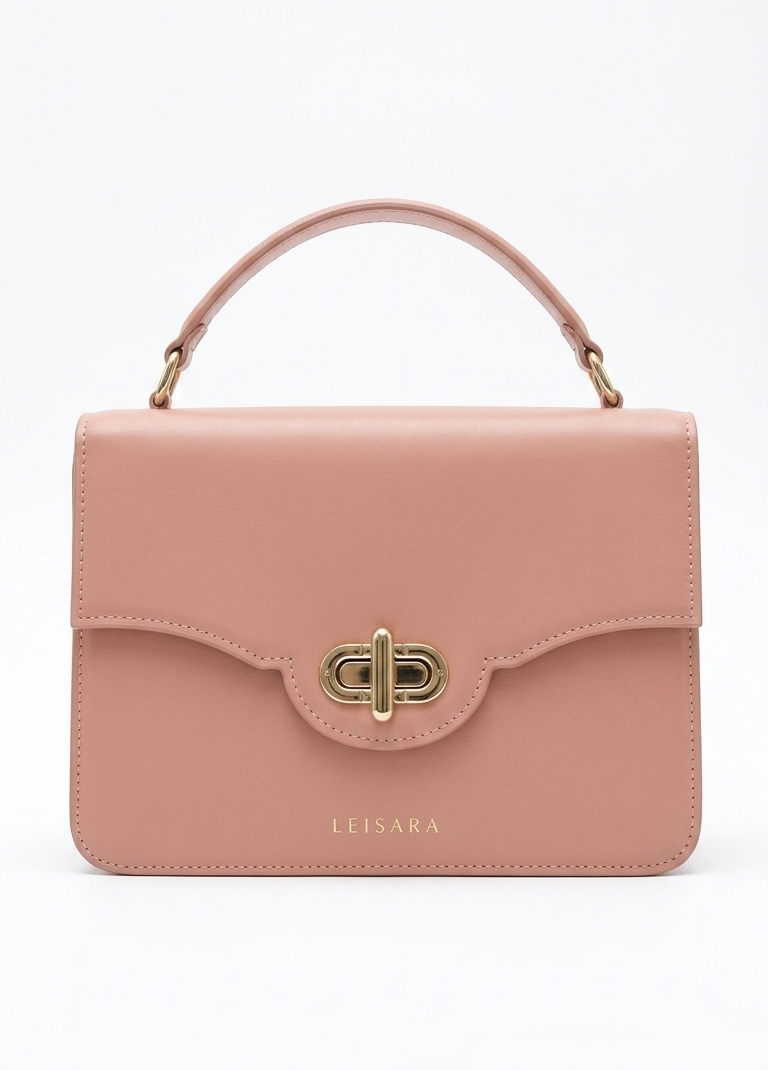 Women’s Pink Structured Handbag with Top Handle & Gold Lock