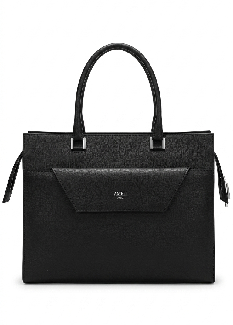 Women’s Black Tote Handbag with Front Pocket & Top Handles