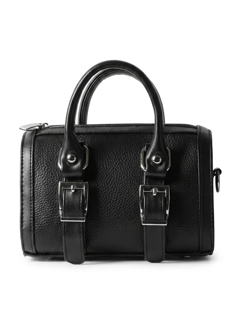 Women’s Black Structured Handbag with Double Buckle Detail